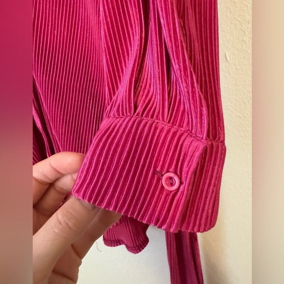 Hot Pink Plisse Button-Up Long Sleeve Belted Shirt Dress, Hot Pink Mini Dress - Picture 8 of 10